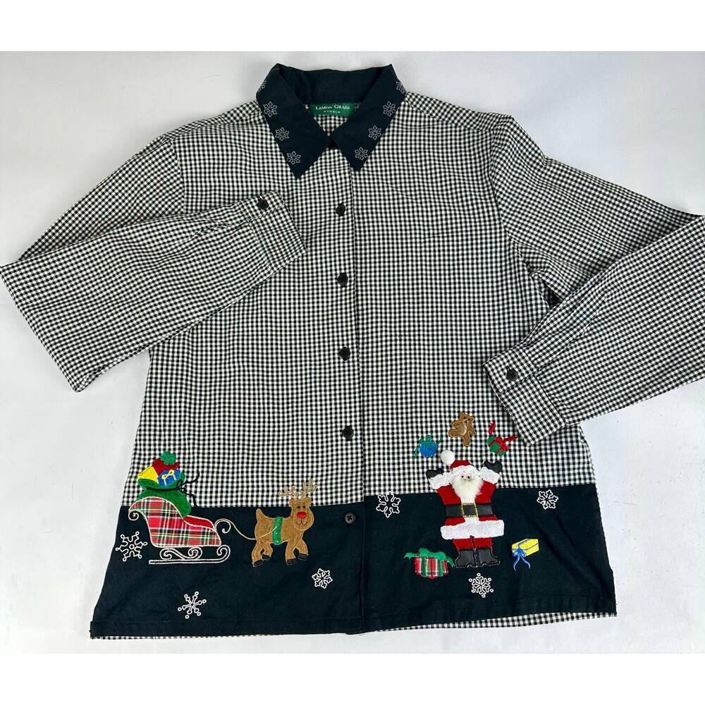 Vintage Lemon Grass Size Medium Christmas Shirt Long Sleeve Embroidered Collared